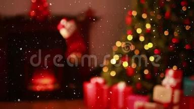 视频构图，雪花飘落，模糊的视频，圣诞树灯和礼物舒适